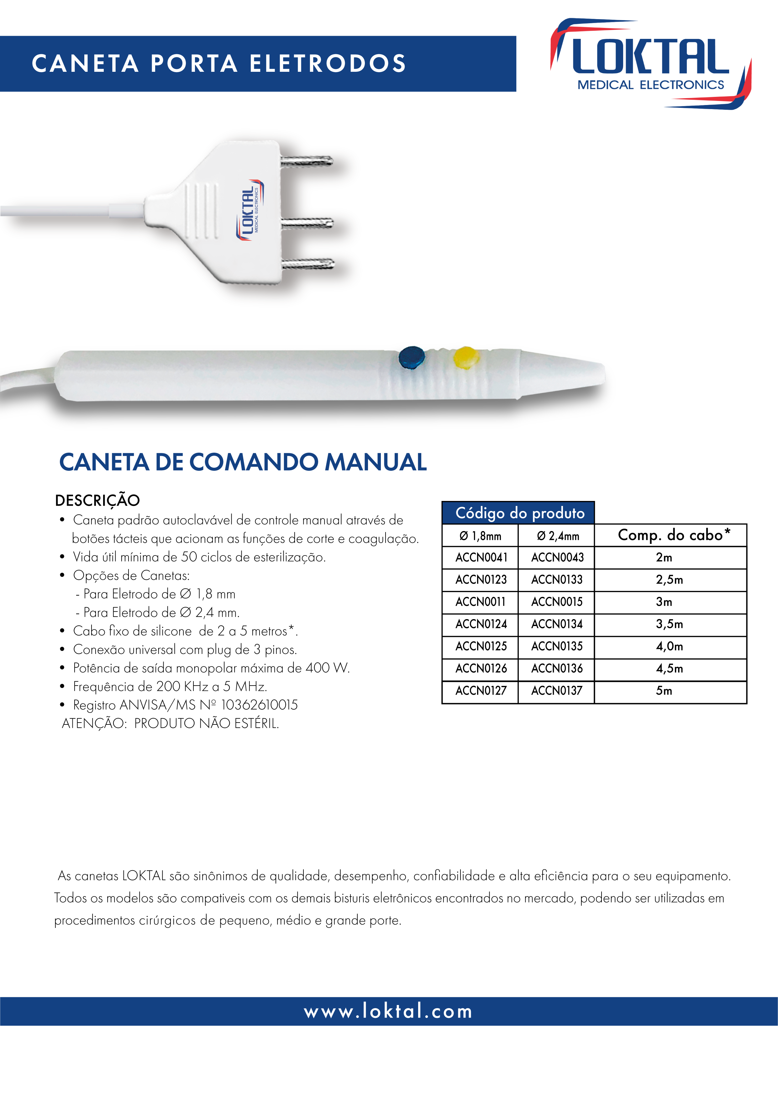ACCN0011 - Caneta porta eletrodos comando manual autoclavável - PLUG18 - 3 m